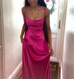 Niulatu A line Spaghetti Straps Pink Satin Long Party Dresses Prom Dresses SD2705