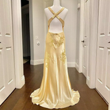Niulatu Mermaid Spaghetti Straps Yellow Backless Long Party Dresses Prom Dresses SD2708