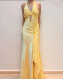 Niulatu Mermaid V Neckline Satin Yellow Long Prom Dresses Formal Evening Dresses SD2709