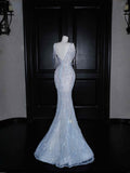 Gorgeous Mermaid V Neck Silver Beads Long Prom Dress Party Dress Graduation Dresses HZ1214