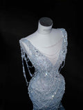 Gorgeous Mermaid V Neck Silver Beads Long Prom Dress Party Dress Graduation Dresses HZ1214