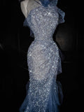 Gorgeous Mermaid Halter Blue Sequin Long Prom Dress Party Dress Graduation Dresses HZ1214