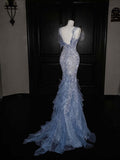 Gorgeous Mermaid Halter Blue Sequin Long Prom Dress Party Dress Graduation Dresses HZ1214