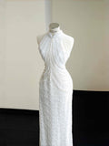 Pretty Bridal Gown Mermaid High Neck Sequin White Long Wedding Dresses Modest Bridal Gowns HZ1214