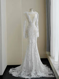 Pretty Bridal Gown Mermaid V Neck Lace White Long Wedding Dresses Modest Bridal Gowns HZ1214
