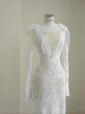 Pretty Bridal Gown Mermaid V Neck Lace White Long Wedding Dresses Modest Bridal Gowns HZ1214