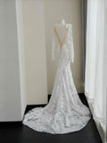 Pretty Bridal Gown Mermaid V Neck Lace White Long Wedding Dresses Modest Bridal Gowns HZ1214