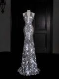 Sparkly Mermaid V Neck Silver Sequin Long Prom Dress Party Dress Graduation Dresses HZ1214