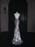 Sparkly Mermaid V Neck Silver Sequin Long Prom Dress Party Dress Graduation Dresses HZ1214