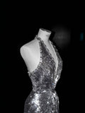 Sparkly Mermaid V Neck Silver Sequin Long Prom Dress Party Dress Graduation Dresses HZ1214