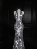 Sparkly Mermaid V Neck Silver Sequin Long Prom Dress Party Dress Graduation Dresses HZ1214