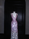 Sparkly Mermaid V Neck Pink Sequin Long Prom Dress Party Dress Graduation Dresses HZ1214