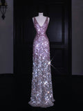 Sparkly Mermaid V Neck Pink Sequin Long Prom Dress Party Dress Graduation Dresses HZ1214