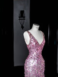 Sparkly Mermaid V Neck Pink Sequin Long Prom Dress Party Dress Graduation Dresses HZ1214