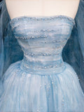 Modest Ball Gown Strapless Blue Tulle Long Prom Dress Party Dress Graduation Dresses HZ1214