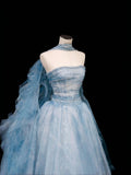 Modest Ball Gown Strapless Blue Tulle Long Prom Dress Party Dress Graduation Dresses HZ1214