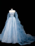 Modest Ball Gown Strapless Blue Tulle Long Prom Dress Party Dress Graduation Dresses HZ1214