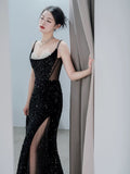 Niulatu Mermaid Spaghetti Straps Black Sequin Slit Long Evening Gowns Prom Dress SD2744