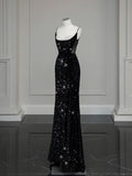 Niulatu Mermaid Spaghetti Straps Black Sequin Slit Long Evening Gowns Prom Dress SD2744