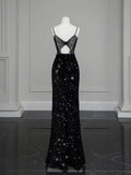 Niulatu Mermaid Spaghetti Straps Black Sequin Slit Long Evening Gowns Prom Dress SD2744