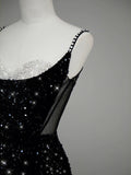 Niulatu Mermaid Spaghetti Straps Black Sequin Slit Long Evening Gowns Prom Dress SD2744