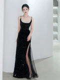 Niulatu Mermaid Spaghetti Straps Black Sequin Slit Long Evening Gowns Prom Dress SD2744