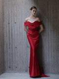 Niulatu Mermaid Off The Shoulder Red Satin Long Evening Gowns Prom Dress SD2746