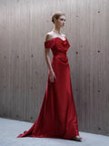 Niulatu Mermaid Off The Shoulder Red Satin Long Evening Gowns Prom Dress SD2746