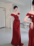 Niulatu Mermaid Off The Shoulder Red Satin Long Evening Gowns Prom Dress SD2746