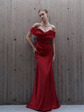 Niulatu Mermaid Off The Shoulder Red Satin Long Evening Gowns Prom Dress SD2746