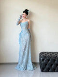 Niulatu Mermaid Strapless Lace Blue Long Evening Gowns Split Prom Dress SD2748