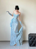 Niulatu Mermaid Strapless Lace Blue Long Evening Gowns Split Prom Dress SD2748