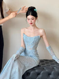 Niulatu Mermaid Strapless Lace Blue Long Evening Gowns Split Prom Dress SD2748