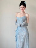 Niulatu Mermaid Strapless Lace Blue Long Evening Gowns Split Prom Dress SD2748