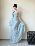 Niulatu Mermaid Strapless Lace Blue Long Evening Gowns Split Prom Dress SD2748
