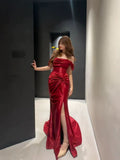 Niulatu Mermaid Off The Shoulder Red Satin Long Evening Gowns Split Prom Dress SD2747