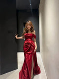 Niulatu Mermaid Off The Shoulder Red Satin Long Evening Gowns Split Prom Dress SD2747