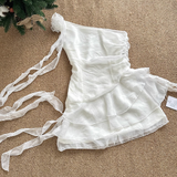 Niulatu Sheath One Shoulder White Holiday Dresses Short Ruffles Birthday Outfits SD274