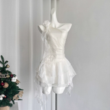 Niulatu Sheath One Shoulder White Holiday Dresses Short Ruffles Birthday Outfits SD274