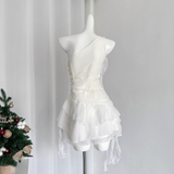 Niulatu Sheath One Shoulder White Holiday Dresses Short Ruffles Birthday Outfits SD274