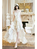 Niulatu A Line High Low Ruffles Long Evening Dress Lace White Prom Dresses SD2750