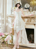 Niulatu A Line High Low Ruffles Long Evening Dress Lace White Prom Dresses SD2750