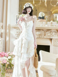 Niulatu A Line High Low Ruffles Long Evening Dress Lace White Prom Dresses SD2750