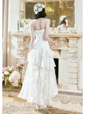 Niulatu A Line High Low Ruffles Long Evening Dress Lace White Prom Dresses SD2750