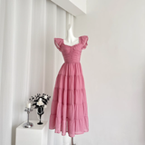 Niulatu A line Sleeveless Holiday Dresses Ankle Length Ruffles Pink Birthday Outfits SD276