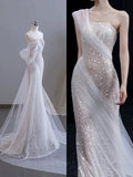 Niulatu Mermaid Spaghetti Straps White Sequin Long Wedding Dress Bridal Dresses SD2762