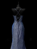 Niulatu Mermaid Spaghetti Straps Navy Blue Sequin Long Evening Gowns Prom Dress SD2765
