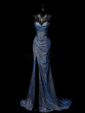 Niulatu Mermaid Spaghetti Straps Navy Blue Sequin Long Evening Gowns Prom Dress SD2765