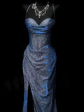 Niulatu Mermaid Spaghetti Straps Navy Blue Sequin Long Evening Gowns Prom Dress SD2765
