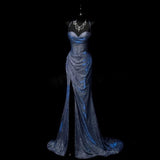 Niulatu Mermaid Spaghetti Straps Navy Blue Sequin Long Evening Gowns Prom Dress SD2765